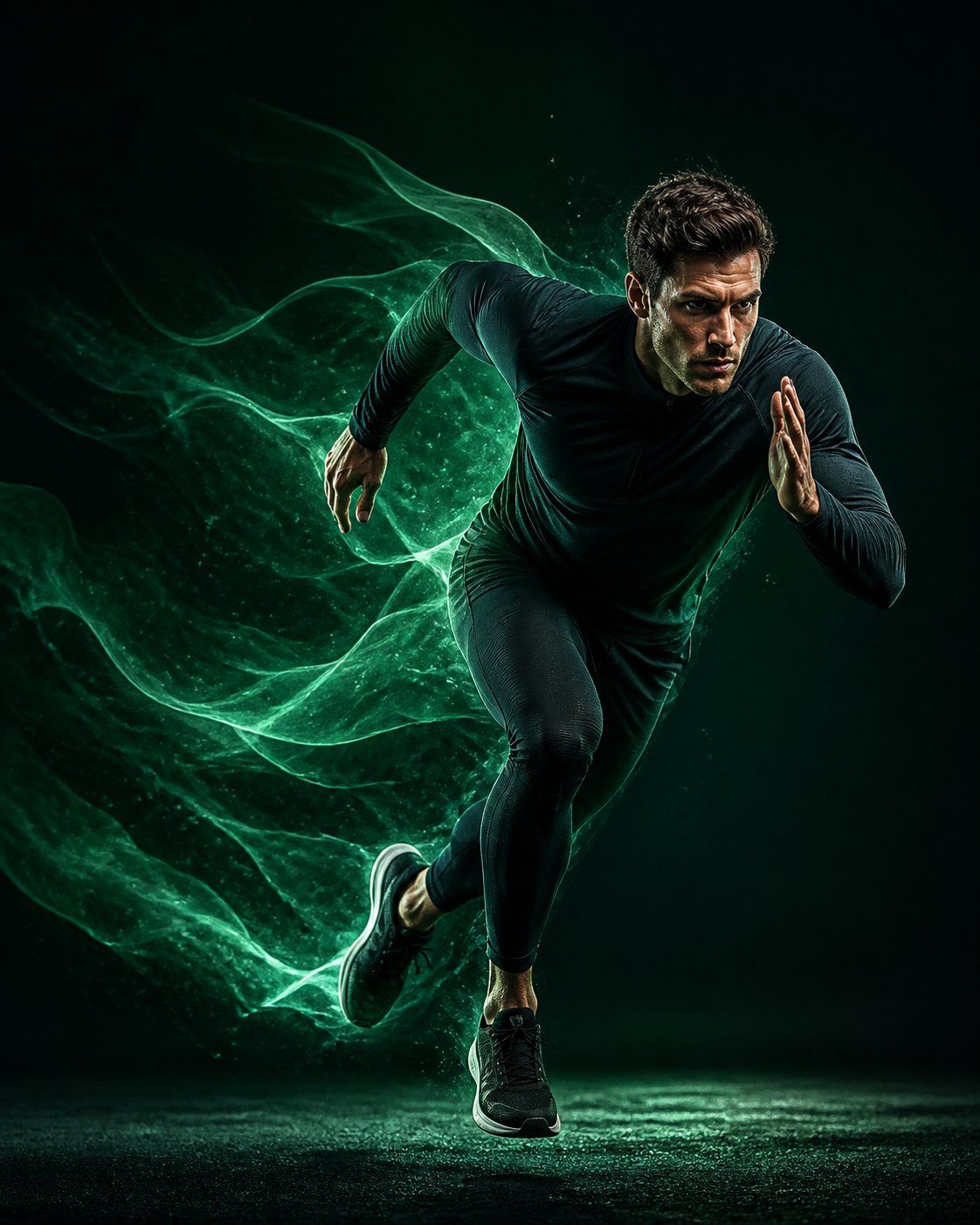 Atleta correndo em um ambiente de luz verde